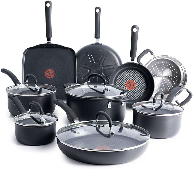 T-fal Ultimate Hard Anodized Nonstick Pots and Pans Set 14 Piece, Oven Broiler Safe 400F, Kitchen Cooking Set w/Fry Pans, Saucepans, Griddle, Dutch Oven, Dishwasher Safe, Cookware, Onyx - Image 1