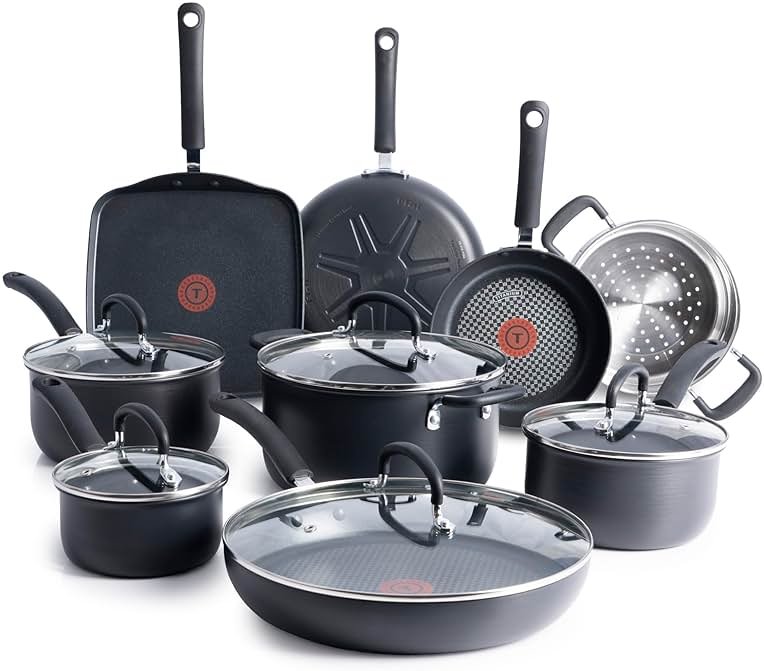 T-fal Ultimate Hard Anodized Nonstick Pots and Pans Set 14 Piece, Oven Broiler Safe 400F, Kitchen Cooking Set w/Fry Pans, Saucepans, Griddle, Dutch Oven, Dishwasher Safe, Cookware, Onyx - Product Image