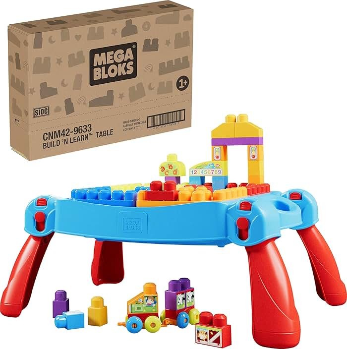 MEGA BLOKS First Builders Toddler Blocks Toy, Build 'n Learn Portable Activity Table with 30 Pieces and Built-In Storage, Blue, Kids Ages 1+ Years - Product Image
