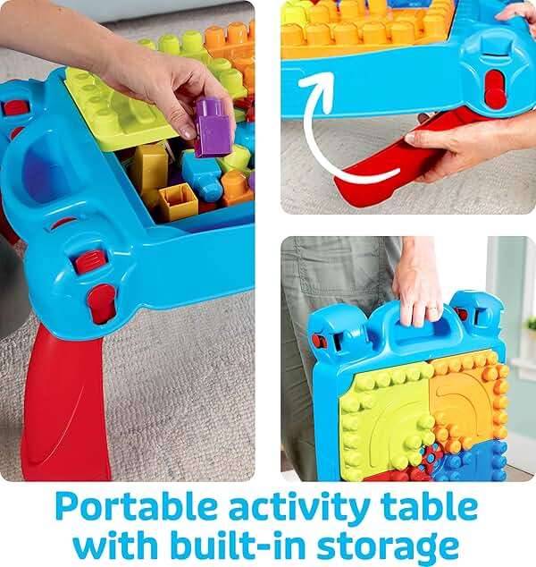 MEGA BLOKS First Builders Toddler Blocks Toy, Build 'n Learn Portable Activity Table with 30 Pieces and Built-In Storage, Blue, Kids Ages 1+ Years - Image 4