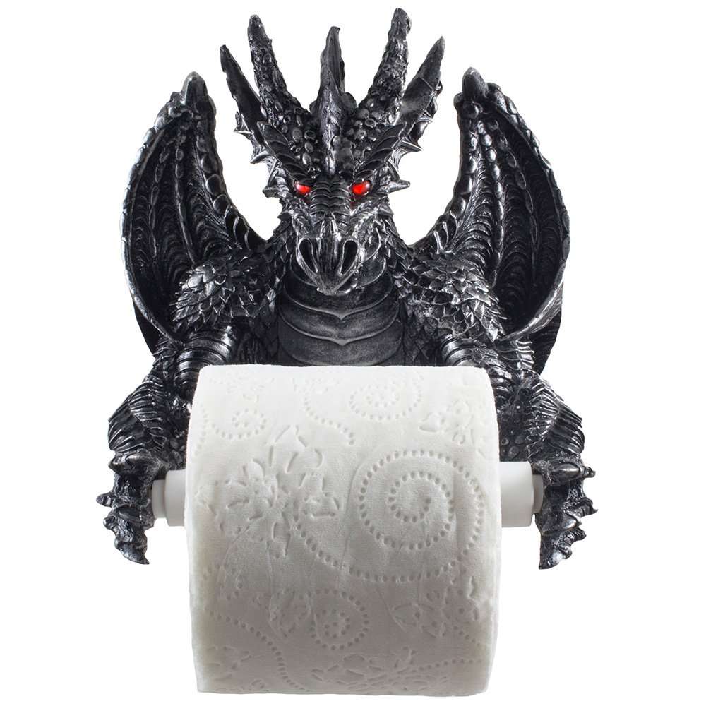 Mythical Winged Dragon Toilet Paper Holder in Metallic Look for Medieval and Gothic Home Decor Bathroom Accessories or Whimsical Fantasy Gifts - Image 1
