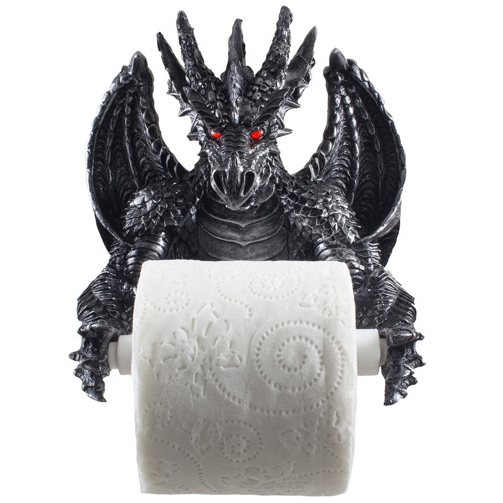 Mythical Winged Dragon Toilet Paper Holder in Metallic Look for Medieval and Gothic Home Decor Bathroom Accessories or Whimsical Fantasy Gifts - Product Image