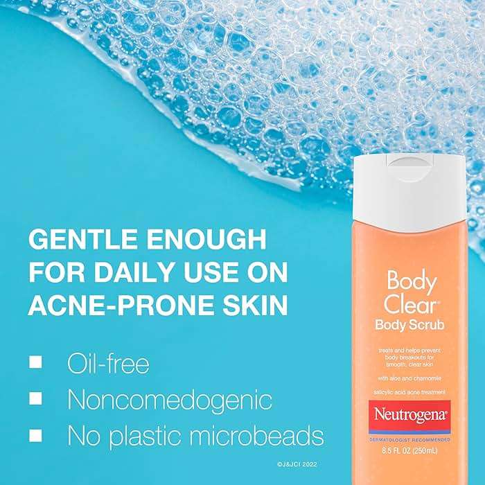 Neutrogena Body Clear Acne Body Wash and Exfoliating Body Scrub, 2% Salicylic Acid Cleanser, Chest, Shoulder & Back Acne Treatment, Non-Comedogenic, Oil-Free Shower Gel, 8.5 fl oz - Image 6