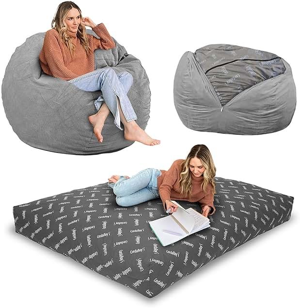 CordaRoy's Chenille Bean Bag Chair, Convertible Chair Folds from Bean Bag to Lounger, As Seen on Shark Tank, Charcoal - Full Size - Product Image