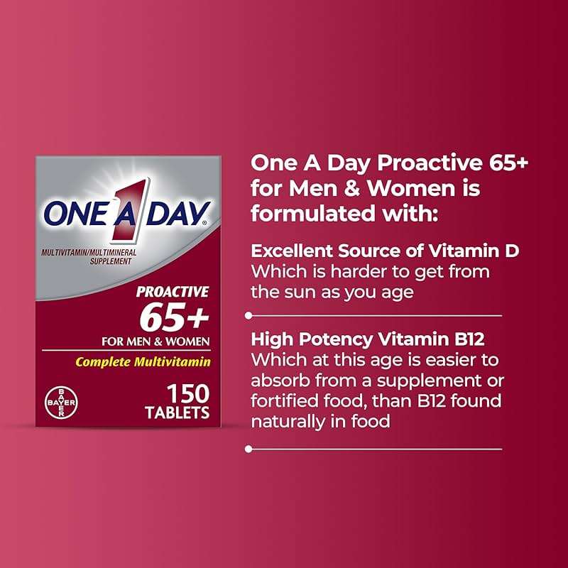 One A Day Proactive 65+, Mens & Womens Multivitamin, Supplement with Vitamin A, C, D, and Zinc to Support Bone Health & Cell Health, Calcium, Folic Acid, Tablet 150 Count - Image 2