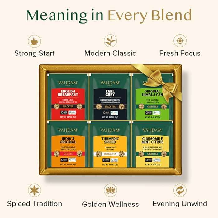 VAHDAM Fathers Day Gift for Dad | Top 6 Founder Select Assorted Tea Gift Set, 6 Flavors, 36 Individually Wrapped Tea Bags | Fathers Day Tea Gifts for Men, Husband & Tea Lovers - Image 3