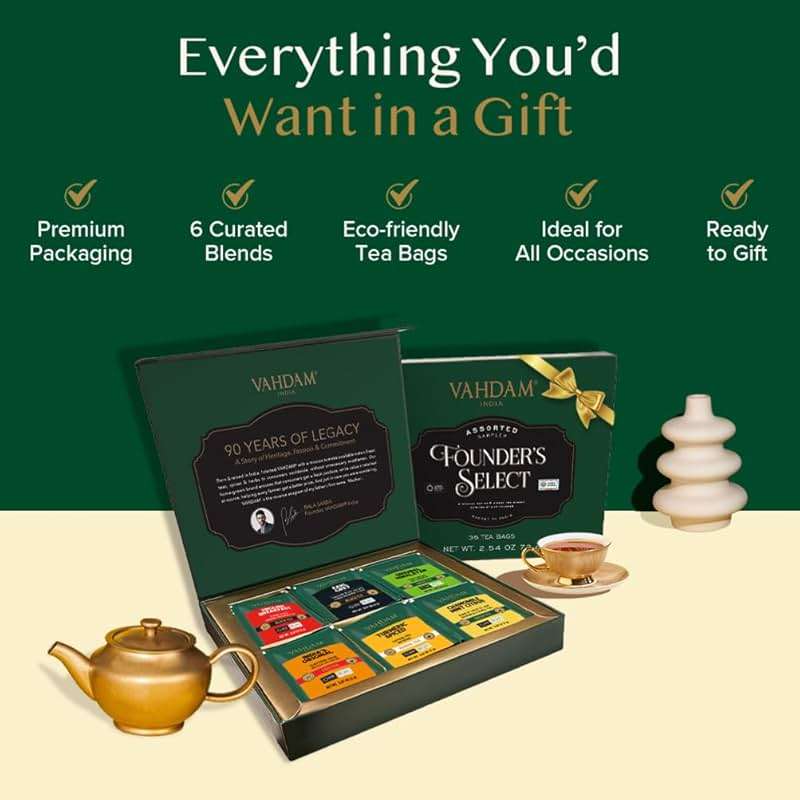 VAHDAM Fathers Day Gift for Dad | Top 6 Founder Select Assorted Tea Gift Set, 6 Flavors, 36 Individually Wrapped Tea Bags | Fathers Day Tea Gifts for Men, Husband & Tea Lovers - Image 5