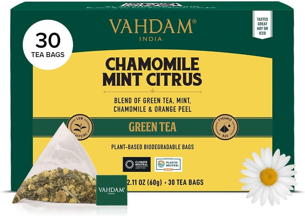 VAHDAM, Chamomile Mint Citrus Green Tea Bags (30 Count) Low Caffeine, Non GMO, Gluten Free | Sweet & Floral | Resealable Ziplock Pouch | Individually Wrapped Chamomile Tea Bags - Product Image