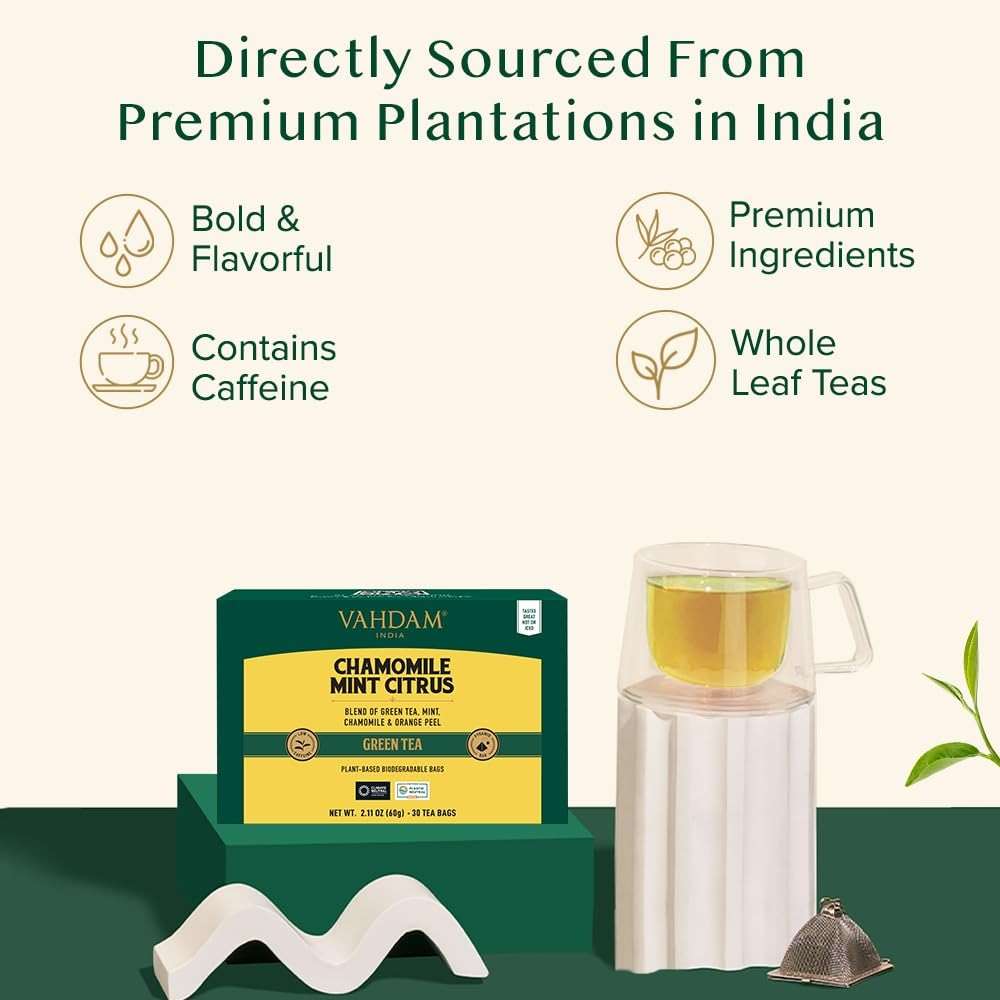 VAHDAM, Chamomile Mint Citrus Green Tea Bags (30 Count) Low Caffeine, Non GMO, Gluten Free | Sweet & Floral | Resealable Ziplock Pouch | Individually Wrapped Chamomile Tea Bags - Image 3