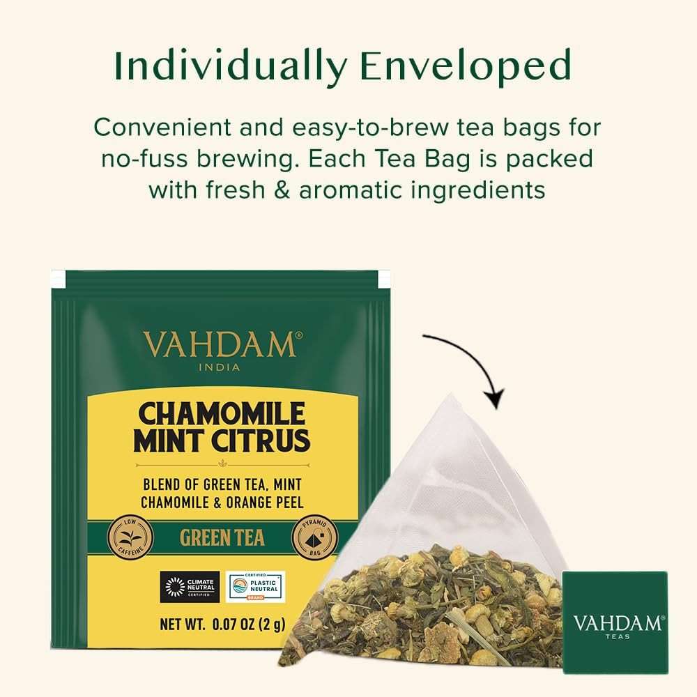 VAHDAM, Chamomile Mint Citrus Green Tea Bags (30 Count) Low Caffeine, Non GMO, Gluten Free | Sweet & Floral | Resealable Ziplock Pouch | Individually Wrapped Chamomile Tea Bags - Image 4
