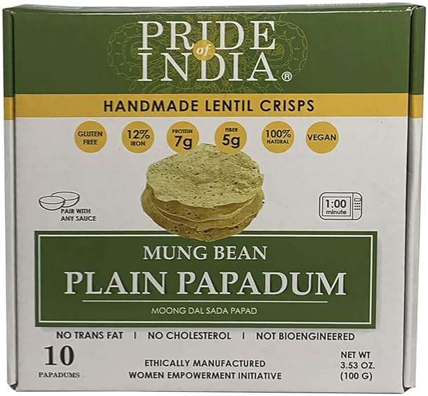 Pride of India Plain Mung Bean Papadum – 10 Count (3.5 oz/ 100g) | Moong Dal Lentil Crisps (Papad) | Easy to Cook, Light & Crunchy Poppadom Crackers | Gluten-Free, Vegan, Healthy Protein Snack - Image 1