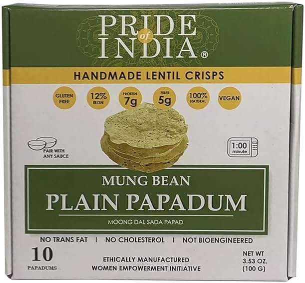 Pride of India Plain Mung Bean Papadum – 10 Count (3.5 oz/ 100g) | Moong Dal Lentil Crisps (Papad) | Easy to Cook, Light & Crunchy Poppadom Crackers | Gluten-Free, Vegan, Healthy Protein Snack - Product Image