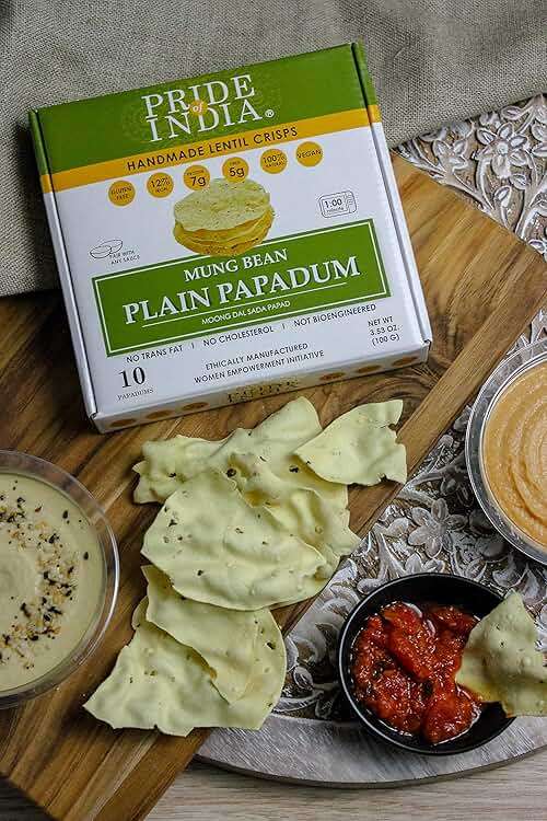 Pride of India Plain Mung Bean Papadum – 10 Count (3.5 oz/ 100g) | Moong Dal Lentil Crisps (Papad) | Easy to Cook, Light & Crunchy Poppadom Crackers | Gluten-Free, Vegan, Healthy Protein Snack - Image 6