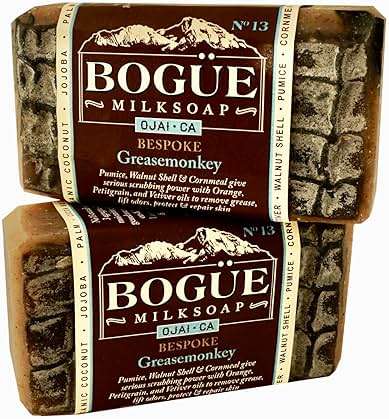 Handmade Goat Milk Soap 2 bars- BOGUE No.13 BESPOKE Greasemonkey Blend has serious scrubbing power. Essential oils of Orange & Vetiver remove grease, help protect & heal working hands. - Image 1