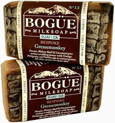 Handmade Goat Milk Soap 2 bars- BOGUE No.13 BESPOKE Greasemonkey Blend has serious scrubbing power. Essential oils of Orange & Vetiver remove grease, help protect & heal working hands. - Product Image