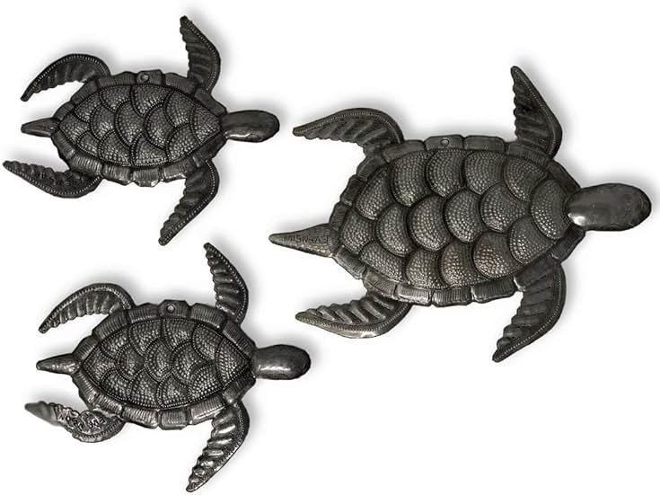 Decorative Sea Turtle Plaques, Set of 3, Swimming Right, Nautical Ocean, Beach, Themed, Metal Wall Art, Recycled Steel Haiti Large Turtle 10 x 8, mini turtles 6.5 x 7 Inches - Product Image