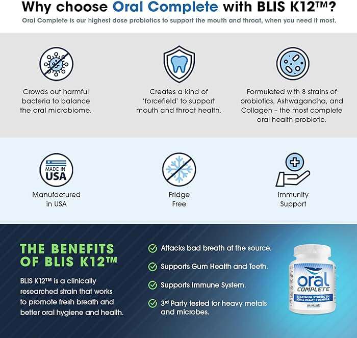 Oral Complete 11-in-1 Dental Probiotics, Bad Breath Treatment Halitosis Tonsil Stone with Non-GMO with BLIS K12, Ashwagandha and Collagen, 120 Capsules - Image 4
