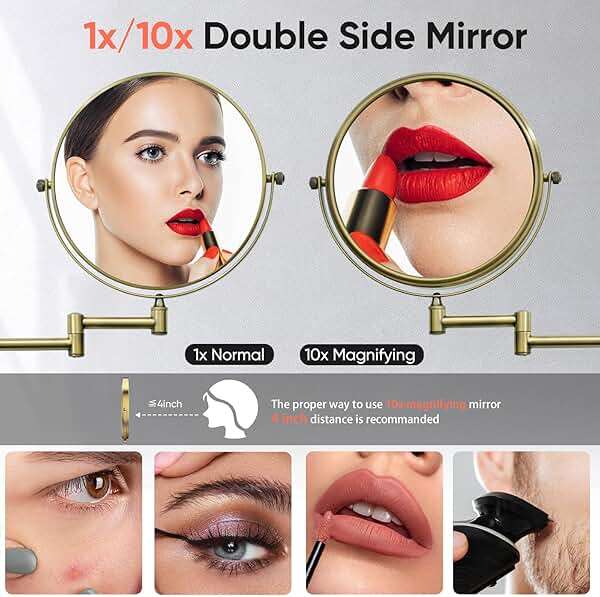 GURUN 8" Wall Mounted Makeup Mirror with 10X Magnification,Two-Sided Swivel Bathroom Mirror,Antique Satin Brass Finish M1306K(8in,10x), for Women Mom - Image 2