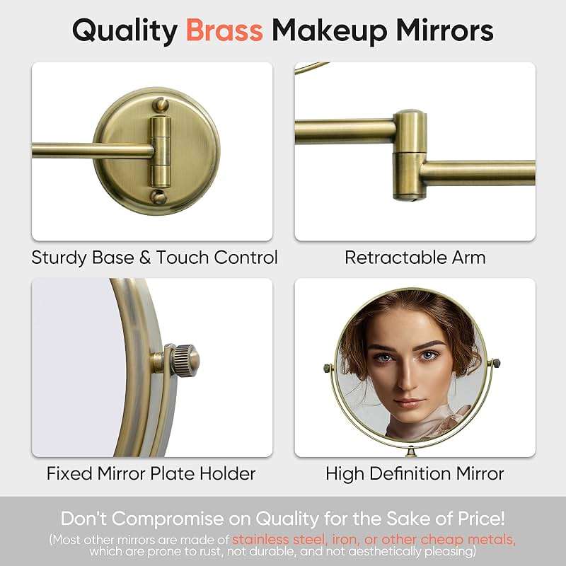 GURUN 8" Wall Mounted Makeup Mirror with 10X Magnification,Two-Sided Swivel Bathroom Mirror,Antique Satin Brass Finish M1306K(8in,10x), for Women Mom - Image 3