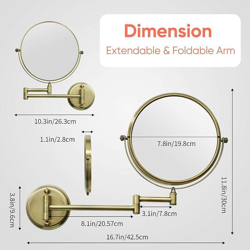 GURUN 8" Wall Mounted Makeup Mirror with 10X Magnification,Two-Sided Swivel Bathroom Mirror,Antique Satin Brass Finish M1306K(8in,10x), for Women Mom - Image 6