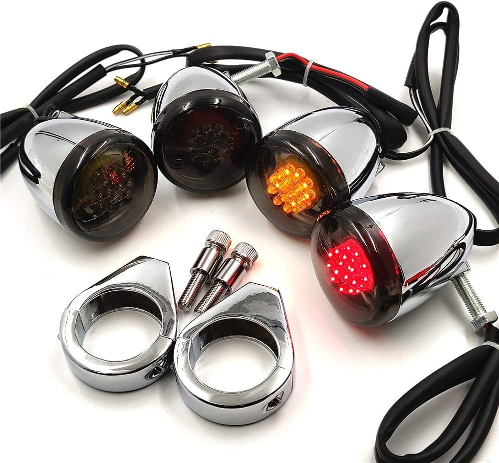 HTTMT MT224-013-CD+SM Chrome Motorcycle Turn Signals Light Kit Compatible with Harley Bullet LED 41mm Clamp Mount - Product Image