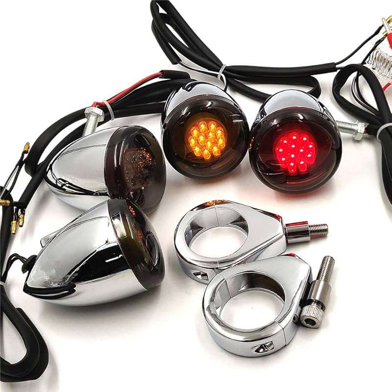 HTTMT MT224-013-CD+SM Chrome Motorcycle Turn Signals Light Kit Compatible with Harley Bullet LED 41mm Clamp Mount - Image 2