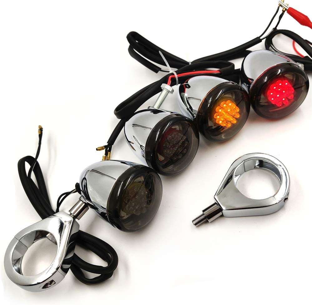 HTTMT MT224-013-CD+SM Chrome Motorcycle Turn Signals Light Kit Compatible with Harley Bullet LED 41mm Clamp Mount - Image 3