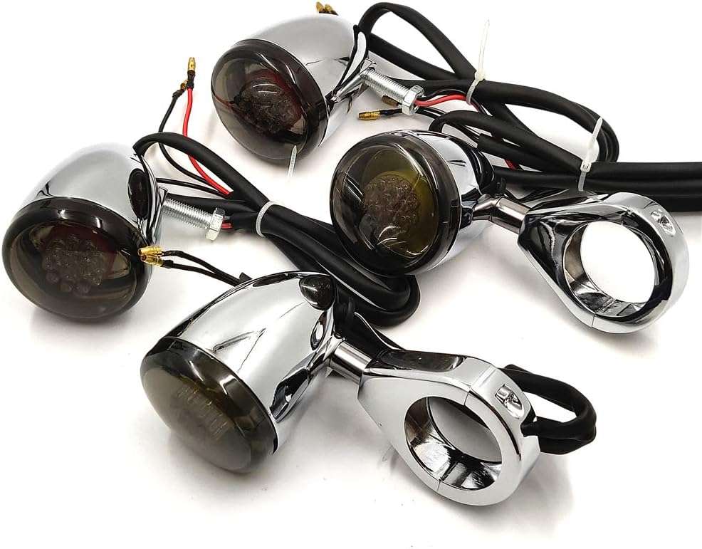 HTTMT MT224-013-CD+SM Chrome Motorcycle Turn Signals Light Kit Compatible with Harley Bullet LED 41mm Clamp Mount - Image 6