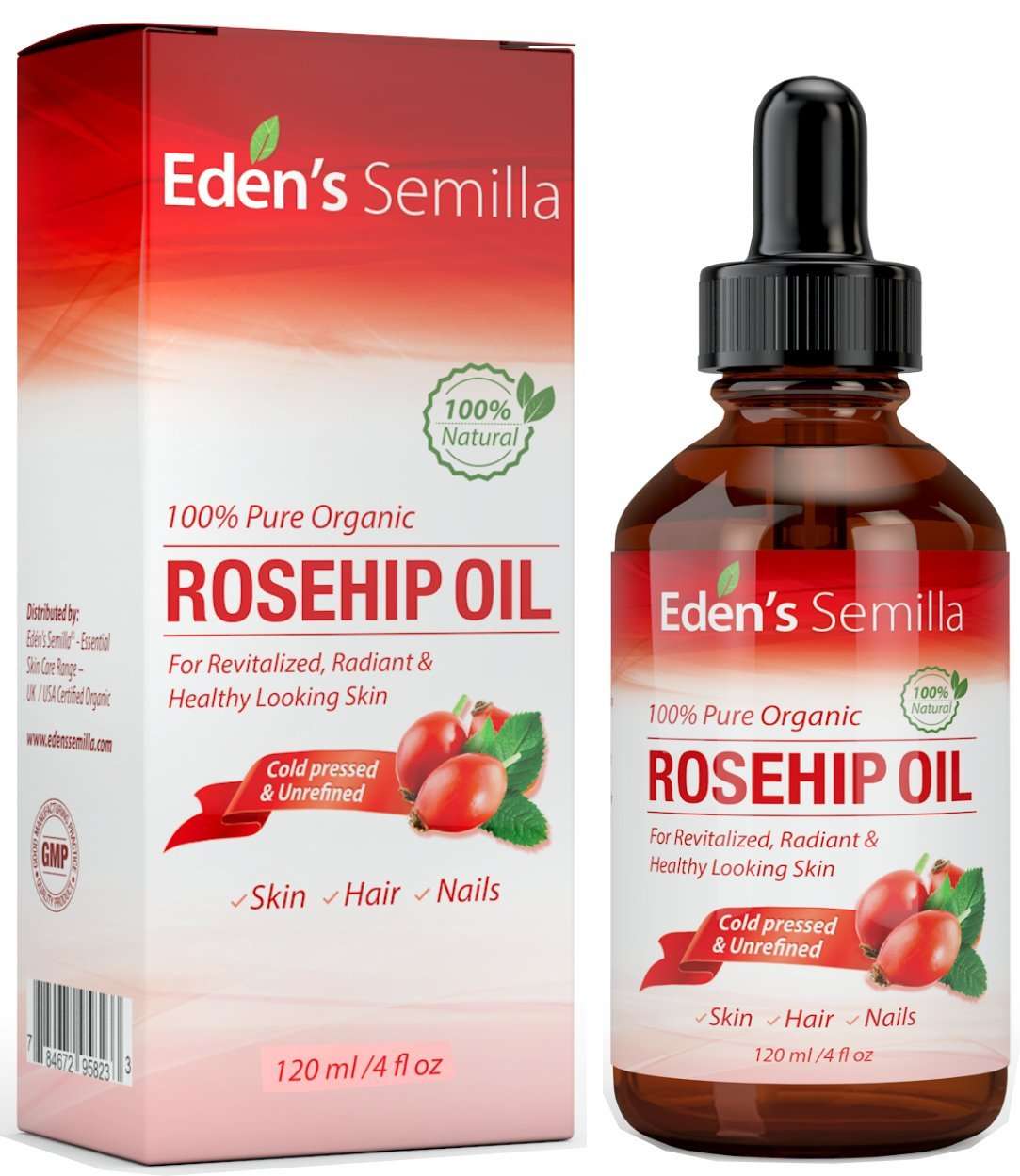 100% Pure Rosehip Oil - 4 OZ - Certified ORGANIC - Cold pressed & unrefined - NON Greasy HIGH absorbency - Use daily - nourishes, hydrates and visibly reduces fine lines, scars, stretch marks and skin - Image 1