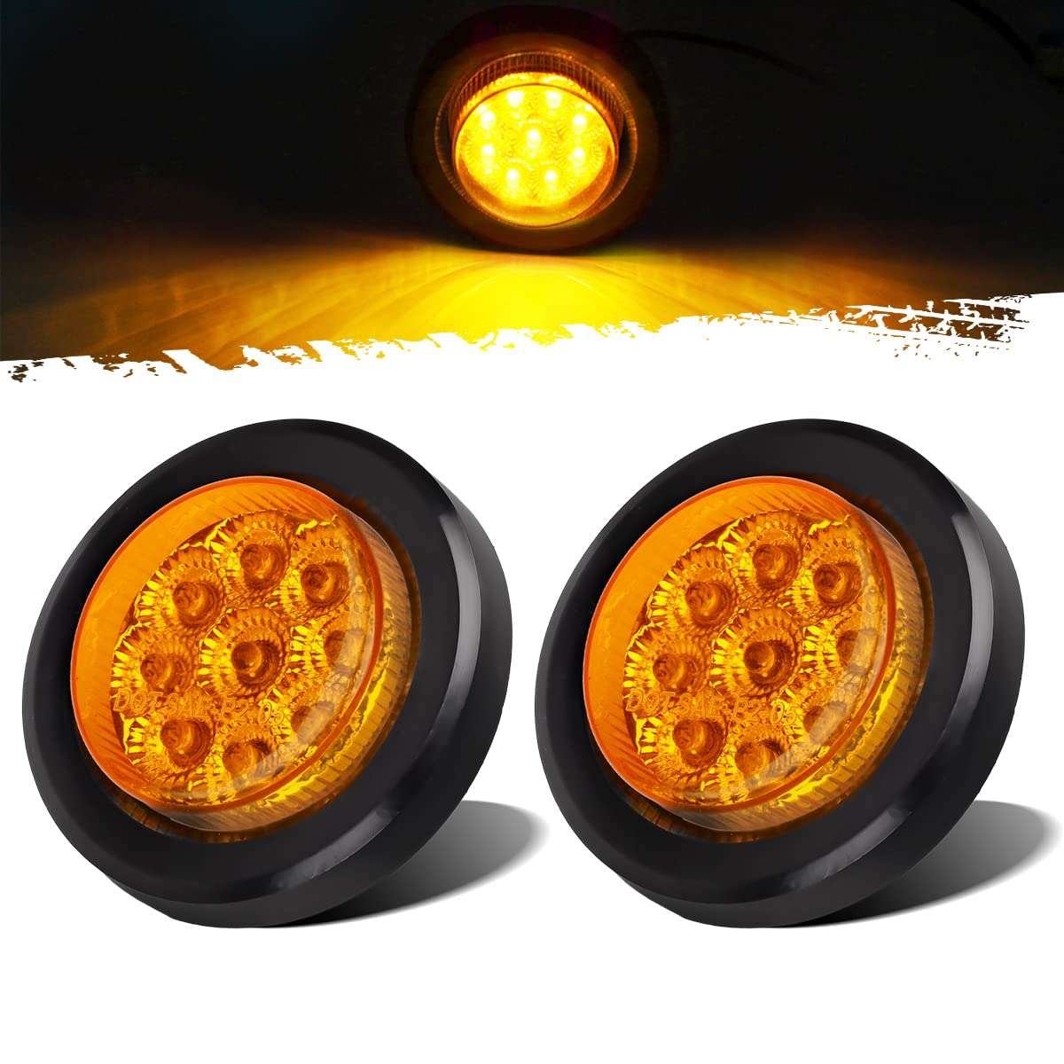 Partsam 2Pcs 2 Inch Round Truck Trailer Led Side Marker Clearance Light Amber 9 Diodes with Reflectors Sealed Waterproof 12V 2 Inch Round LED Side Fender Panel Lights with Grommets and Wire Pigtail - Image 1