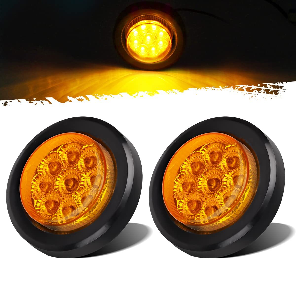 Partsam 2Pcs 2 Inch Round Truck Trailer Led Side Marker Clearance Light Amber 9 Diodes with Reflectors Sealed Waterproof 12V 2 Inch Round LED Side Fender Panel Lights with Grommets and Wire Pigtail - Product Image