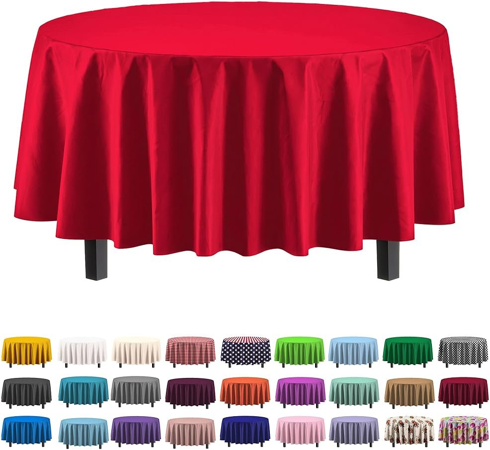 Exquisite 12 Pack Red Round Plastic Tablecloth Disposable 84 Inch, Waterproof Heavy Duty Opaque Table Cover for Party, Wedding, Picnic, Birthday, Banquet, Graduation, Fits 6 Ft Round Tables, Red - Product Image