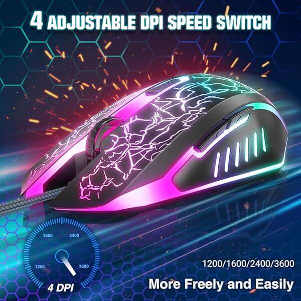 BENGOO Gaming Mouse Wired, Ergonomic Gamer Laptop PC Optical Computer Mice with RGB Backlit, 4 Adjustable DPI Up to 3600, 6 Programmable Buttons for Windows 7/8/10/XP Vista Linux -Black - Image 2