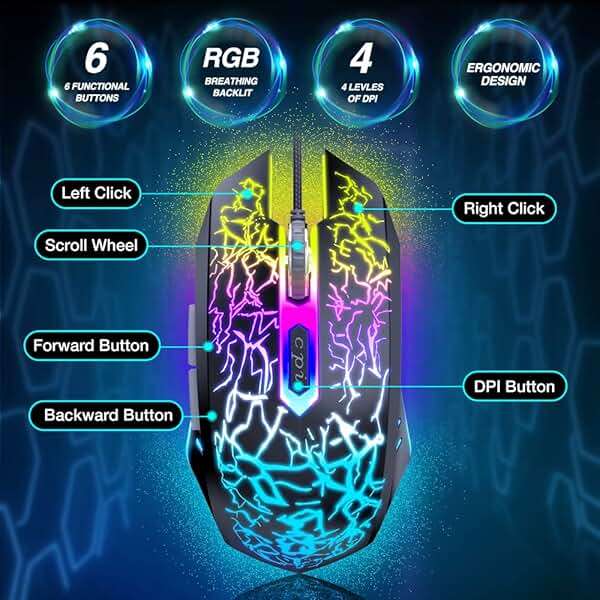 BENGOO Gaming Mouse Wired, Ergonomic Gamer Laptop PC Optical Computer Mice with RGB Backlit, 4 Adjustable DPI Up to 3600, 6 Programmable Buttons for Windows 7/8/10/XP Vista Linux -Black - Image 5
