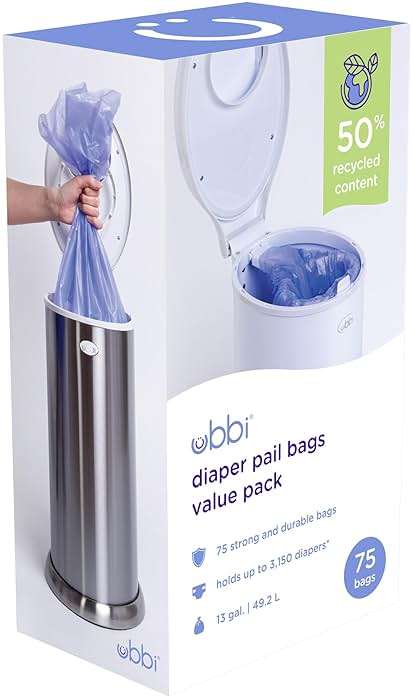 Ubbi Diaper Pail Plastic Bags, Disposable Baby Waste Bags, 3 Pack, 75 Count, 13-Gallon Bags - Image 1