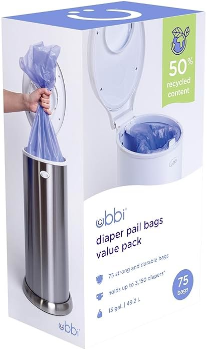 Ubbi Diaper Pail Plastic Bags, Disposable Baby Waste Bags, 3 Pack, 75 Count, 13-Gallon Bags - Product Image