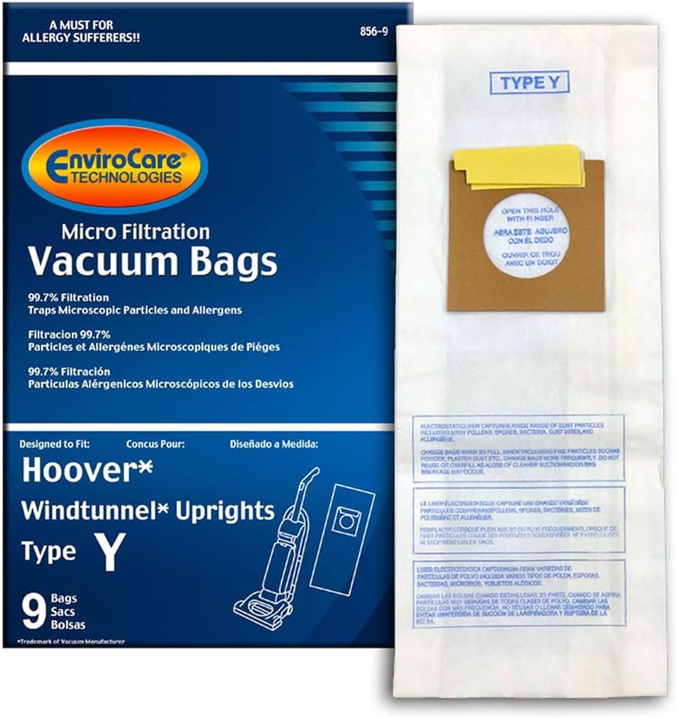 EnviroCare 859-9 Type Y Vacuum Bag Replacement for Hoover WindTunnel Uprights and Hoover Vacuums, 9 Pack - Product Image