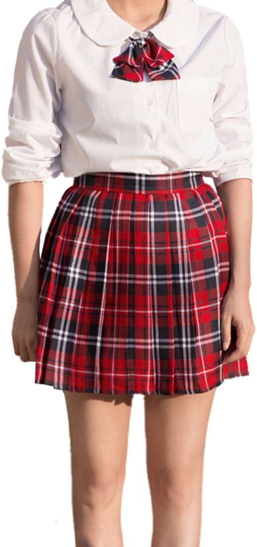 Women's School Uniform Flared Slim Plaid Pleated Skirts(XL,Red Blue) - Image 3