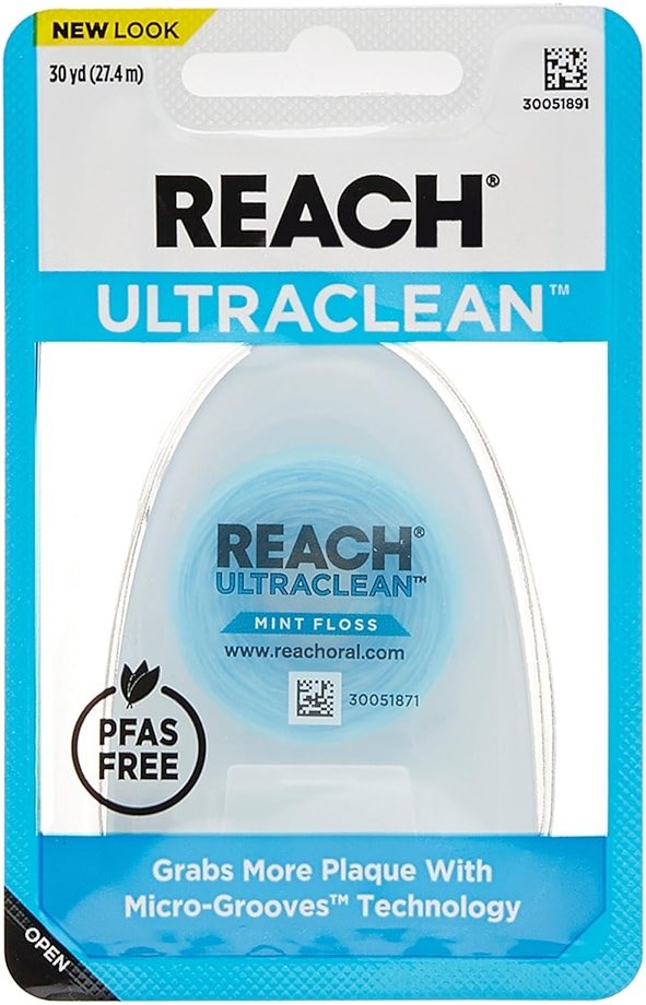 REACH Ultraclean Dental Floss, Mint, Plaque Remover for Teeth, Shred Resistant, Waxed, Easy on Gums & Teeth, Mint, Oral Care, PFAS Free, for Adults & Kids, 1 Pack, 30 yd - Product Image