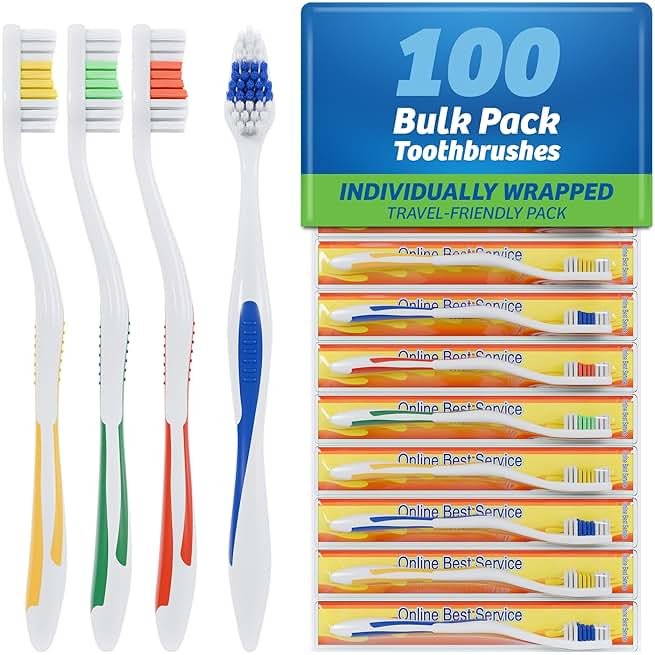 Online Best Service 100 Pack Toothbrush Standard Classic Medium Soft Toothbrush Bulk Individually Wrapped - Product Image