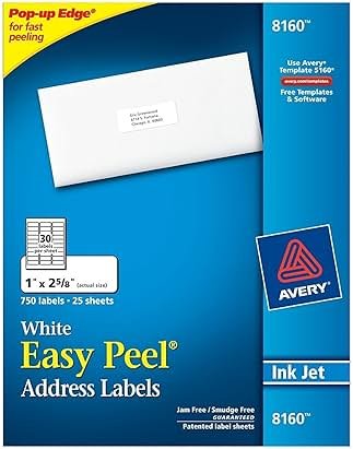 Avery Easy Peel Printable Address Labels, Sure Feed Technology, 1" x 2-5/8" Customizable Stickers, White, 750 Blank Mailing Labels, Great for Mailing, Shipping, and More (8160) - Product Image