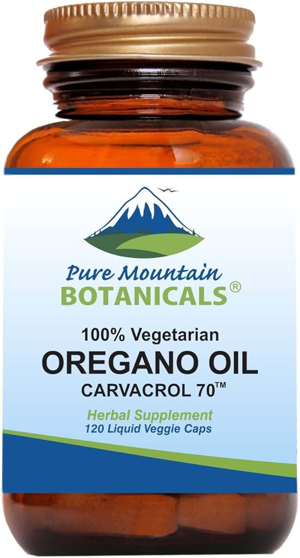 Pure Mountain Botanicals Oregano Oil Capsules - 120 Vegan Caps - 510mg Oil of Oregano - Carvacrol 70% - Kosher Herbal Supplement - Product Image