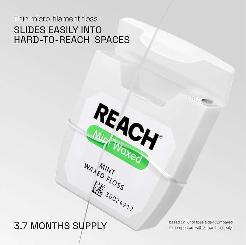 REACH Waxed Dental Floss, Mint, Plaque Remover for Teeth, Shred Resistant, Floss Slides Smoothly, Easy to Use, Waxed, Deep Cleaning Teeth, Oral Care, PFAS Free, for Adults & Kids, 6 Pack, 55 yd - Image 2