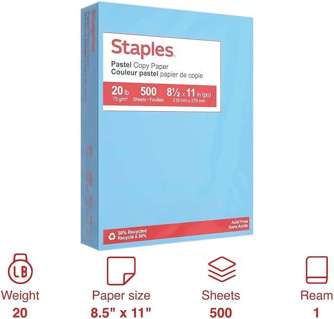 Staples 30% Recycled, 8.5 x 11 Inch, 20 lbs, 500-Sheets Pack, Blue, For Office, School & Home - Image 2