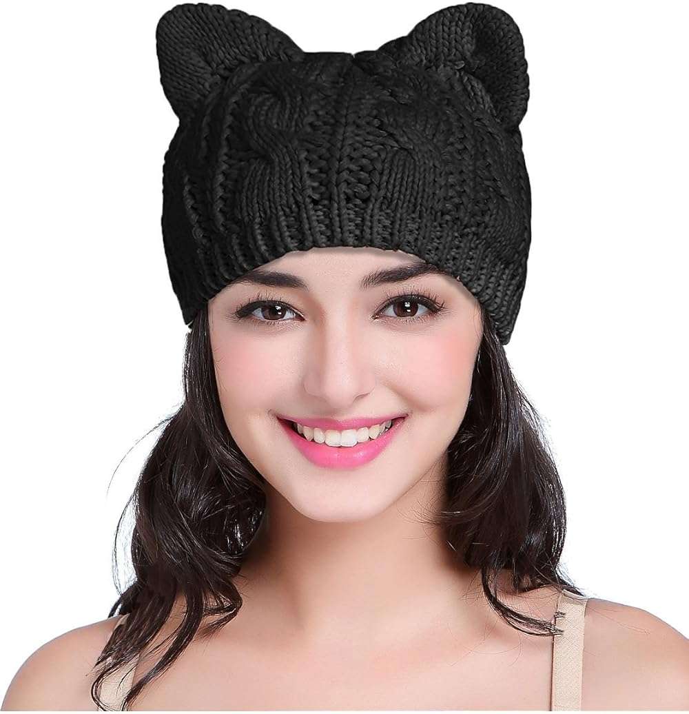 v28 Women Men Girls Boys Teens Cute Cat Ear Knit Cable Rib Hat Cap Beanie - Image 1