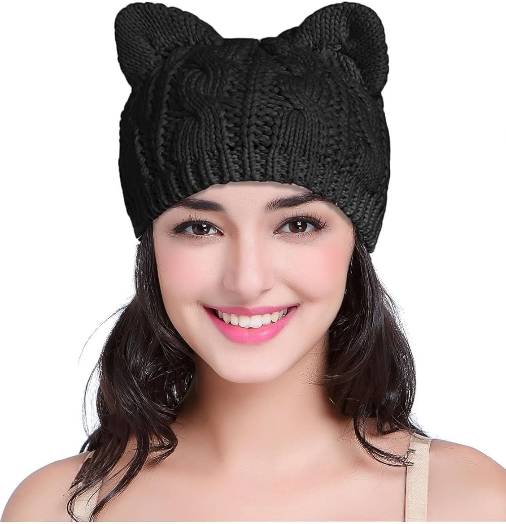 v28 Women Men Girls Boys Teens Cute Cat Ear Knit Cable Rib Hat Cap Beanie - Product Image