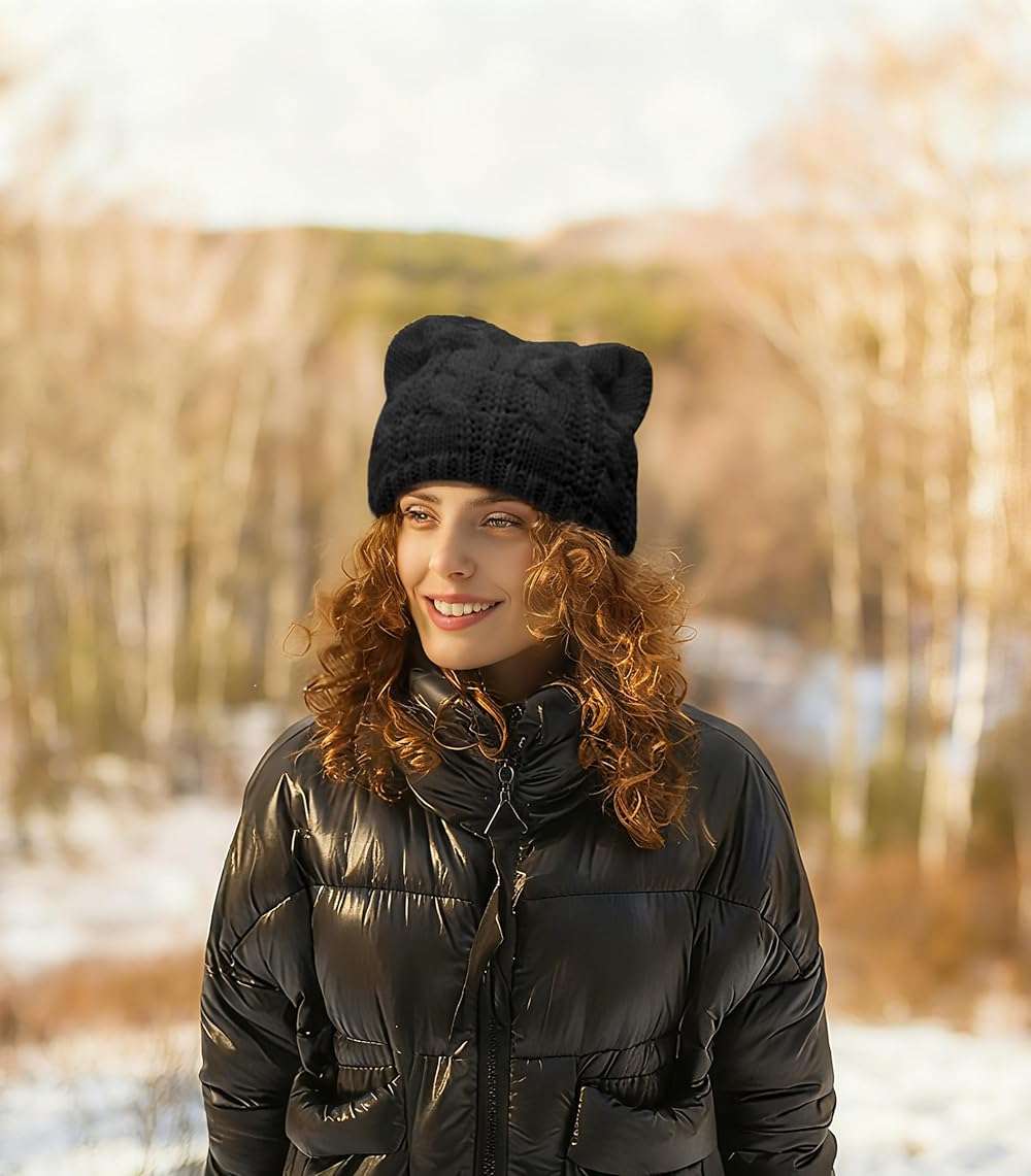 v28 Women Men Girls Boys Teens Cute Cat Ear Knit Cable Rib Hat Cap Beanie - Image 3