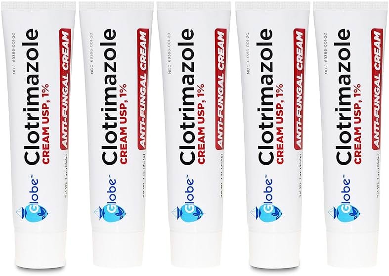 Globe Clotrimazole Antifungal Cream 1% USP (1 oz), Anti Fungal Treatment, Relieves Itching, Burning, Cracking and Scaling Associated Athletes Foot, Jock Itch, Ringworm and More (Pack of 5) - Product Image