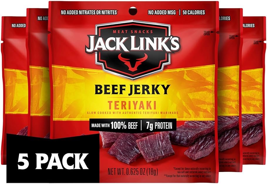 Jack Link's Teriyaki Beef Jerky Multipack - (5 Pack) 0.625 oz Bags - Ready to Eat Real Meat Protein Snacks - 7g Protein per Serving - Made with 100% Real Beef - Product Image