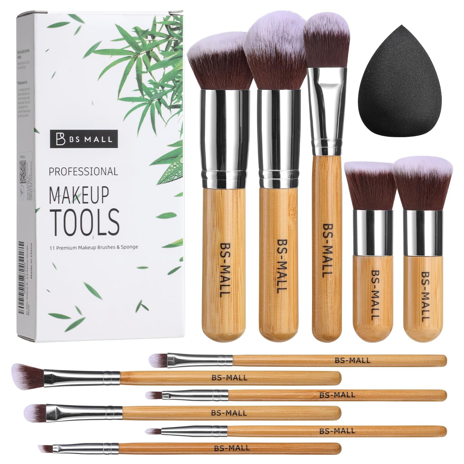 BS-MALL Makeup Brush Set 11 Pcs Makeup Sponge, Professional Bamboo Makeup Brushes for Foundation, Powder, Blush, Concealer, Eyeshadow & Blending, Ideal for Travel, Beginners & Makeup Artists - Product Image